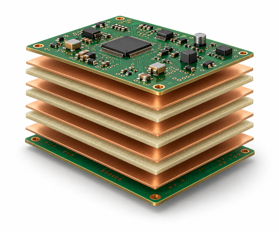 Illustrative 6 layer pcb with copper layers and dielectric construction